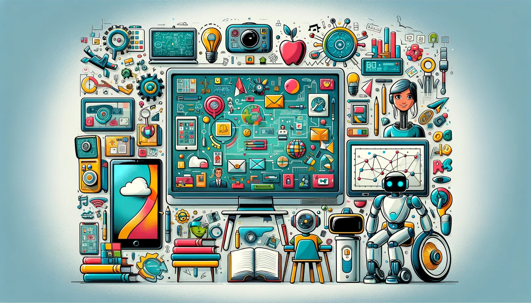 A-wide-format-cartoon-style-image-featuring-a-collage-of-educational-technology-